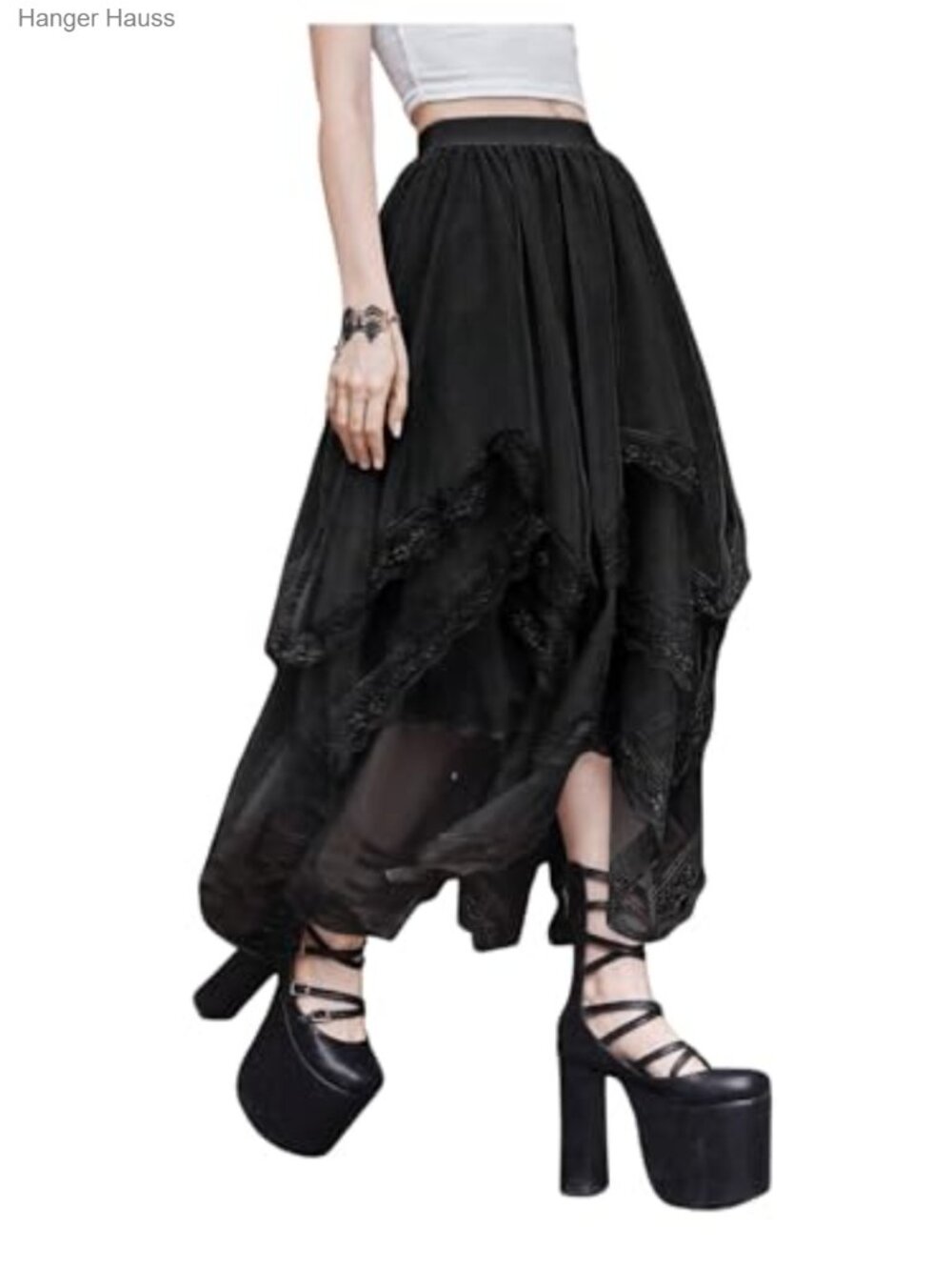 Lace Trim Mesh Tulle Skirt High Waist Asymmetrical Long Goth Skirt - Picture 4 of 6